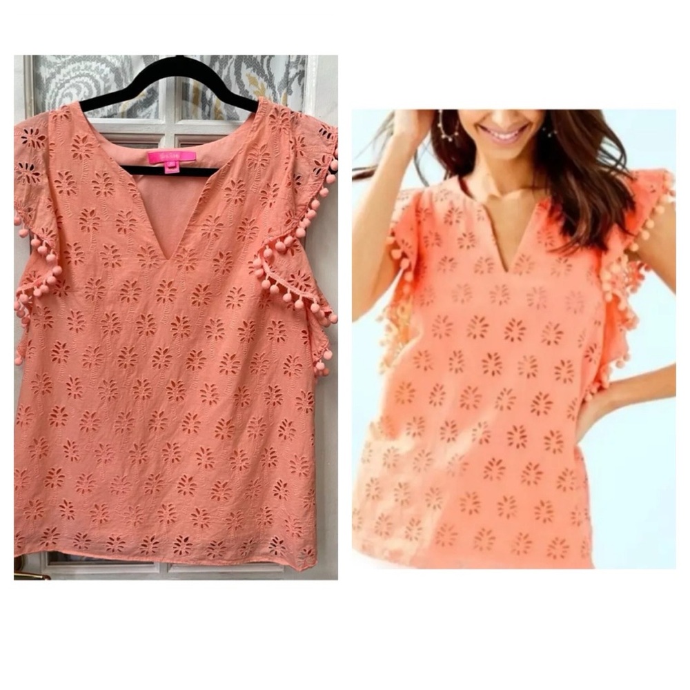 $128 Lilly Pulitzer Astara orange eyelet palm tree pom pom ruffle top medium